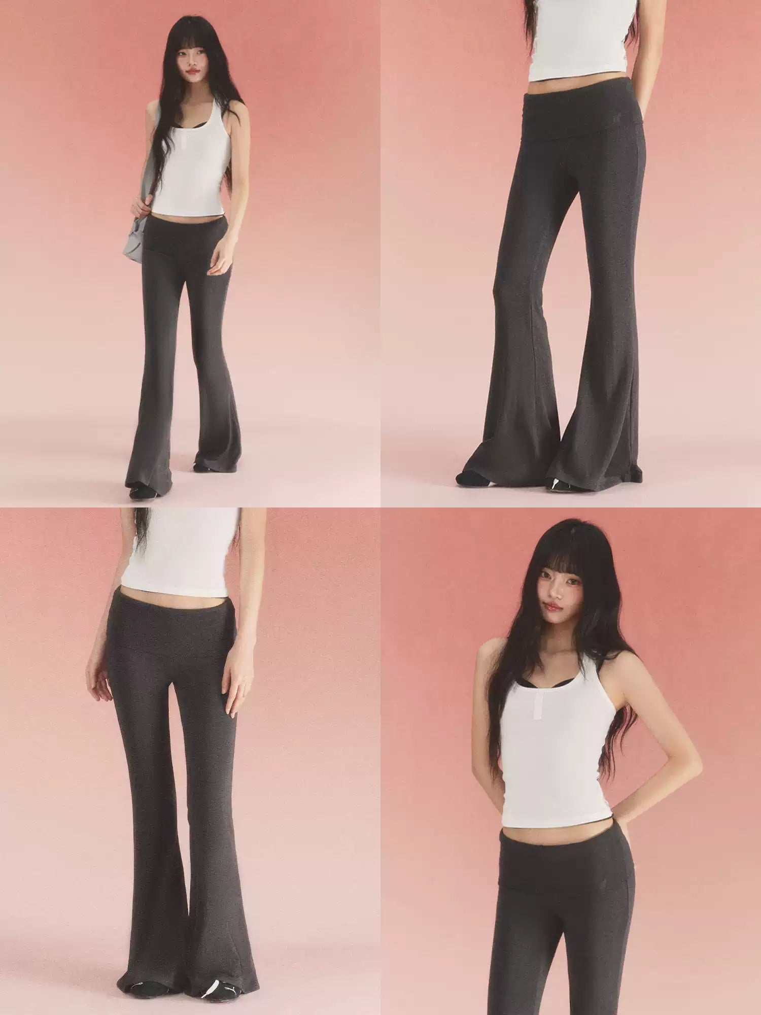 Fold-over waist flared knit pants in black