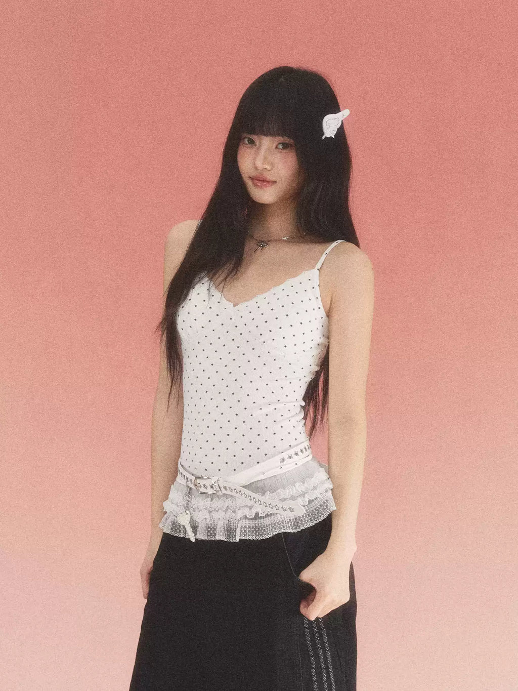 Star print lace trim camisole top