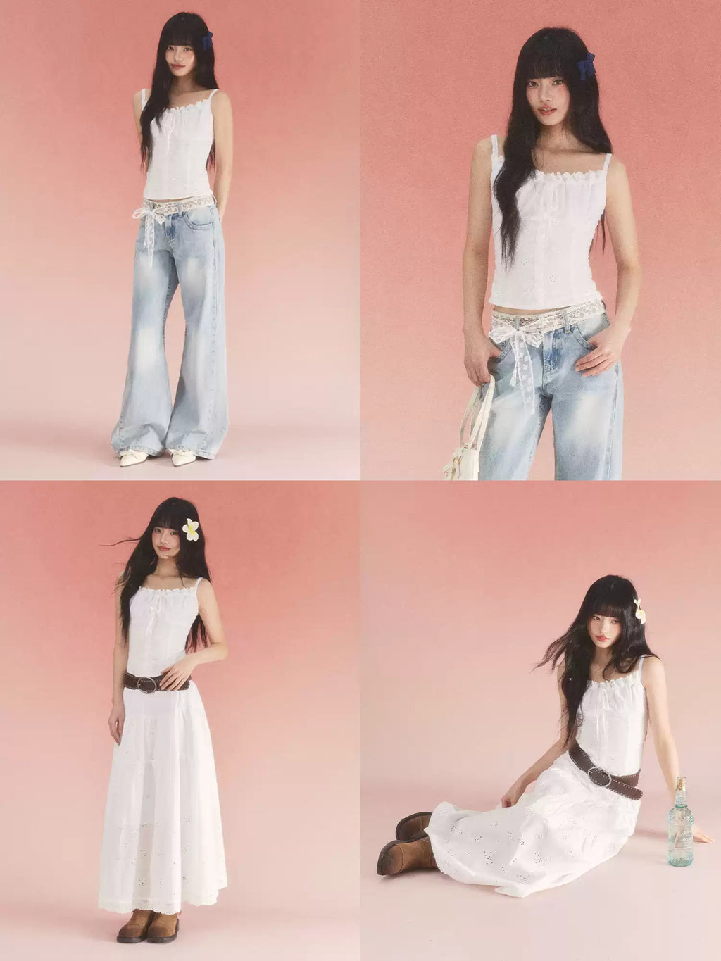 Bow detail white jacquard camisole top