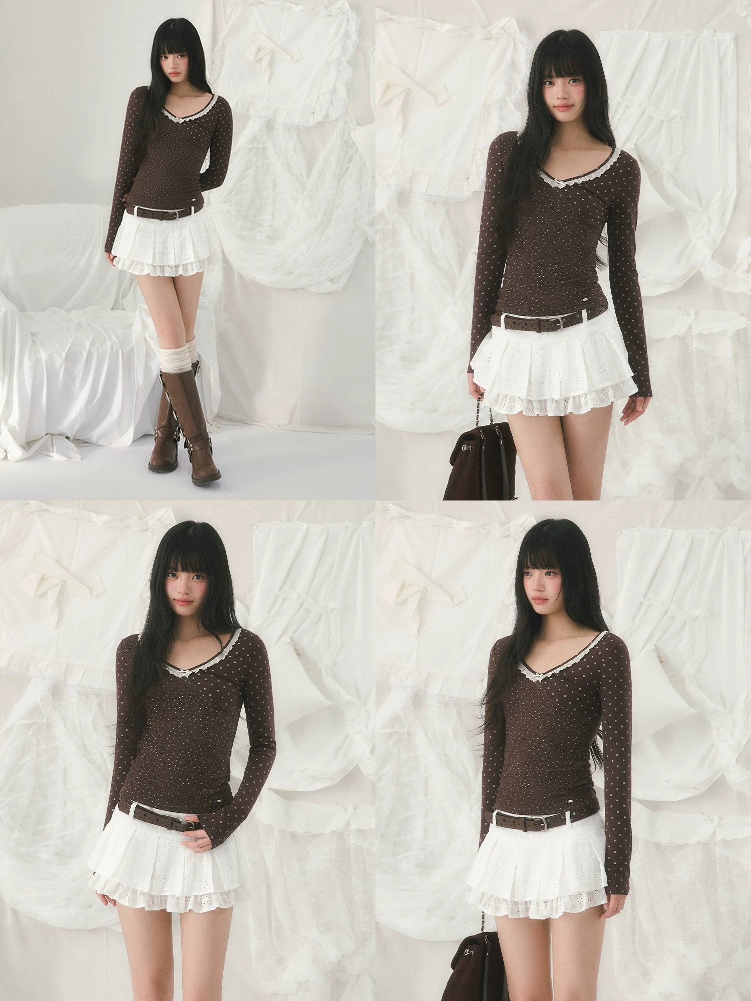 Brown v-neck lace polka dot long sleeve top