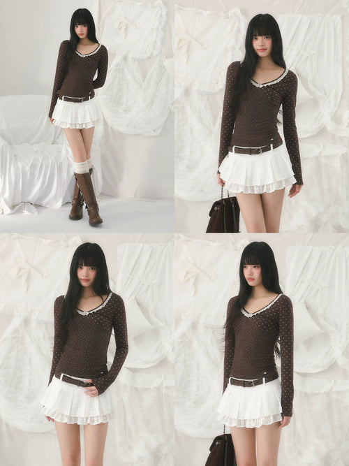 Brown v-neck lace polka dot long sleeve top
