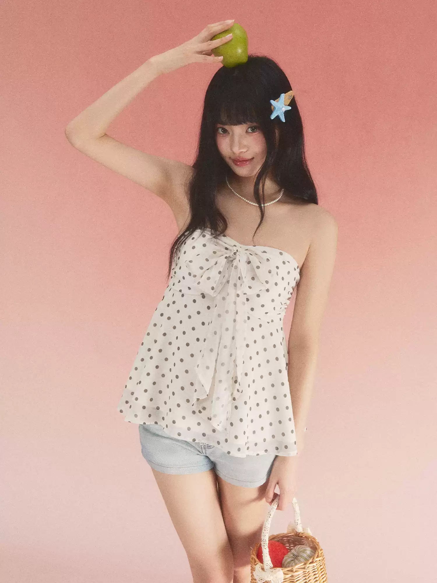 Bow detail polka dot tube top