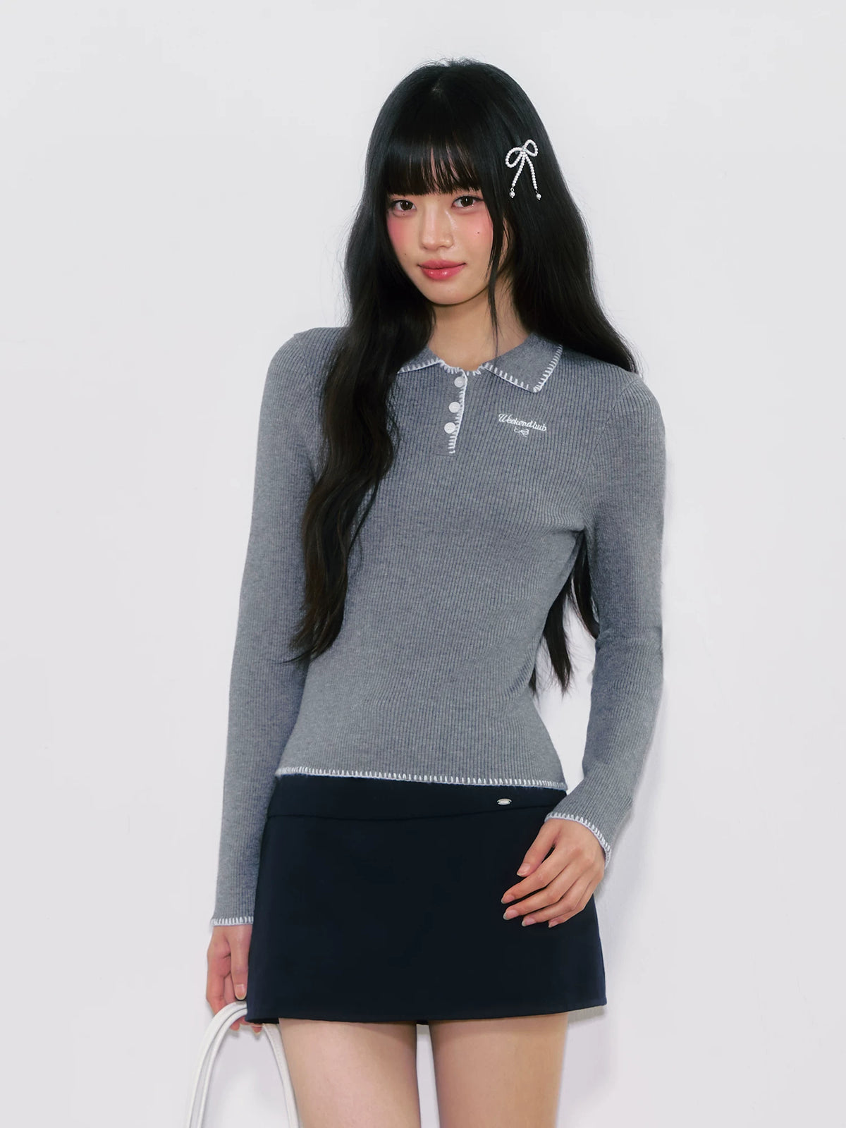 Color-Blocked Long-Sleeve Knit Polo Top