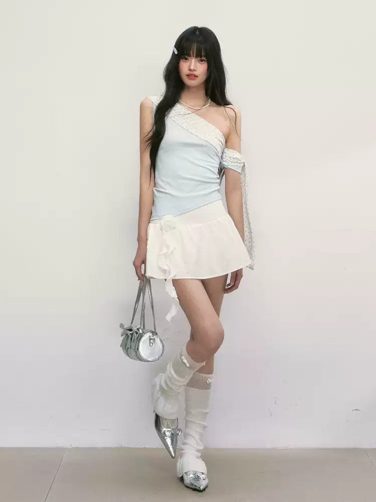 Blue asymmetrical one-shoulder slim fit short sleeve top