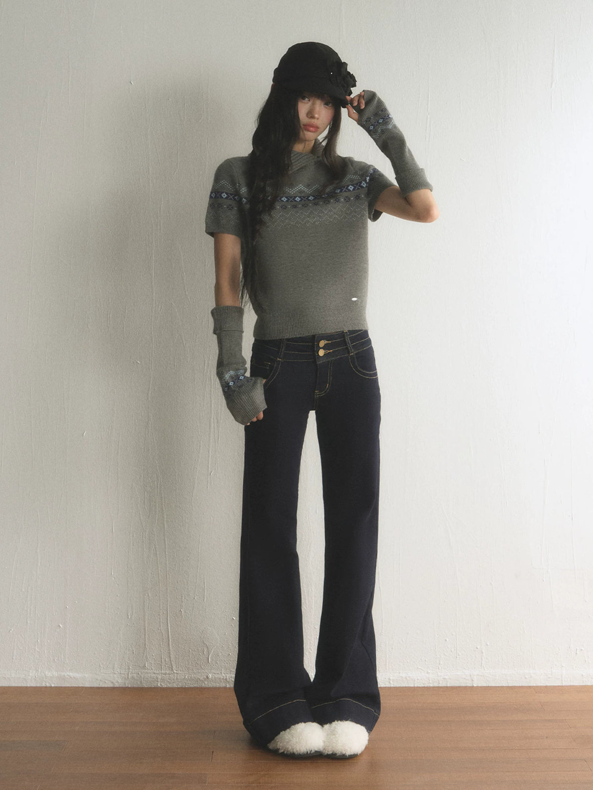 Retro Double-Button Low-Rise Flared Jeans