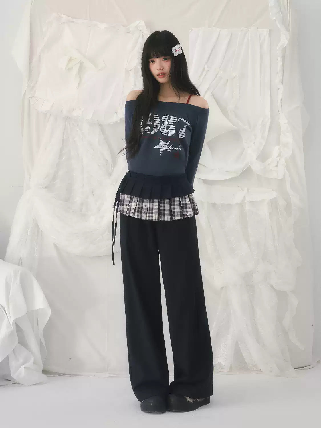 Retro number print faux two-piece off-shoulder long sleeve top in navy blue