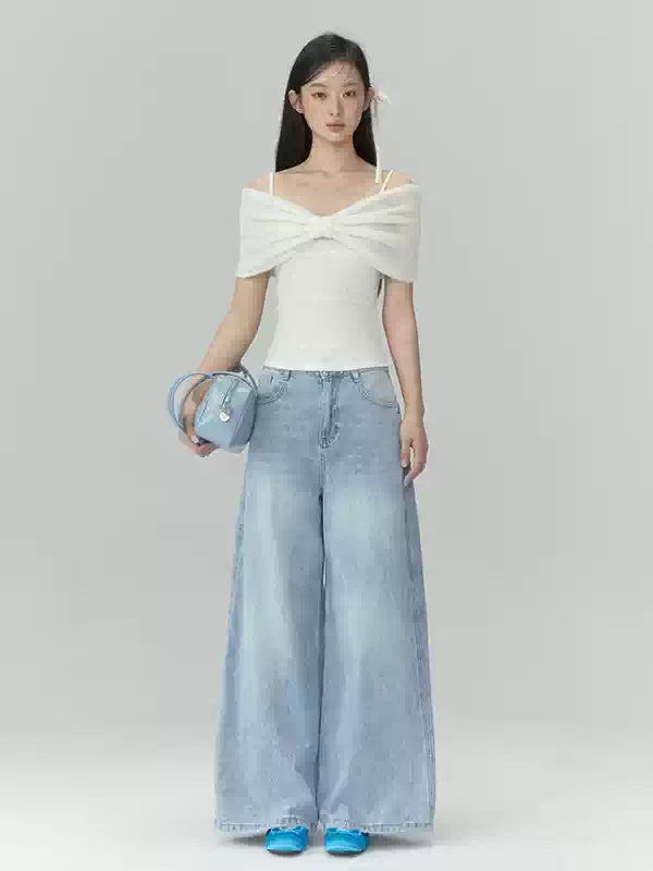 Apricot Off-Shoulder Bow Long Sleeve Top