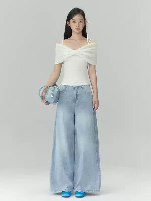 Apricot Off-Shoulder Bow Long Sleeve Top