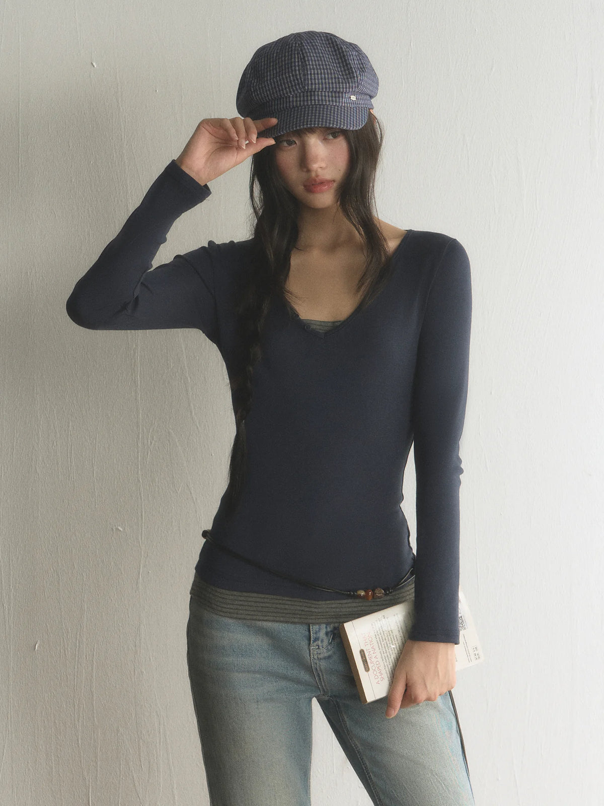 Korean Style V-Neck Long-Sleeve Two-Piece Tee