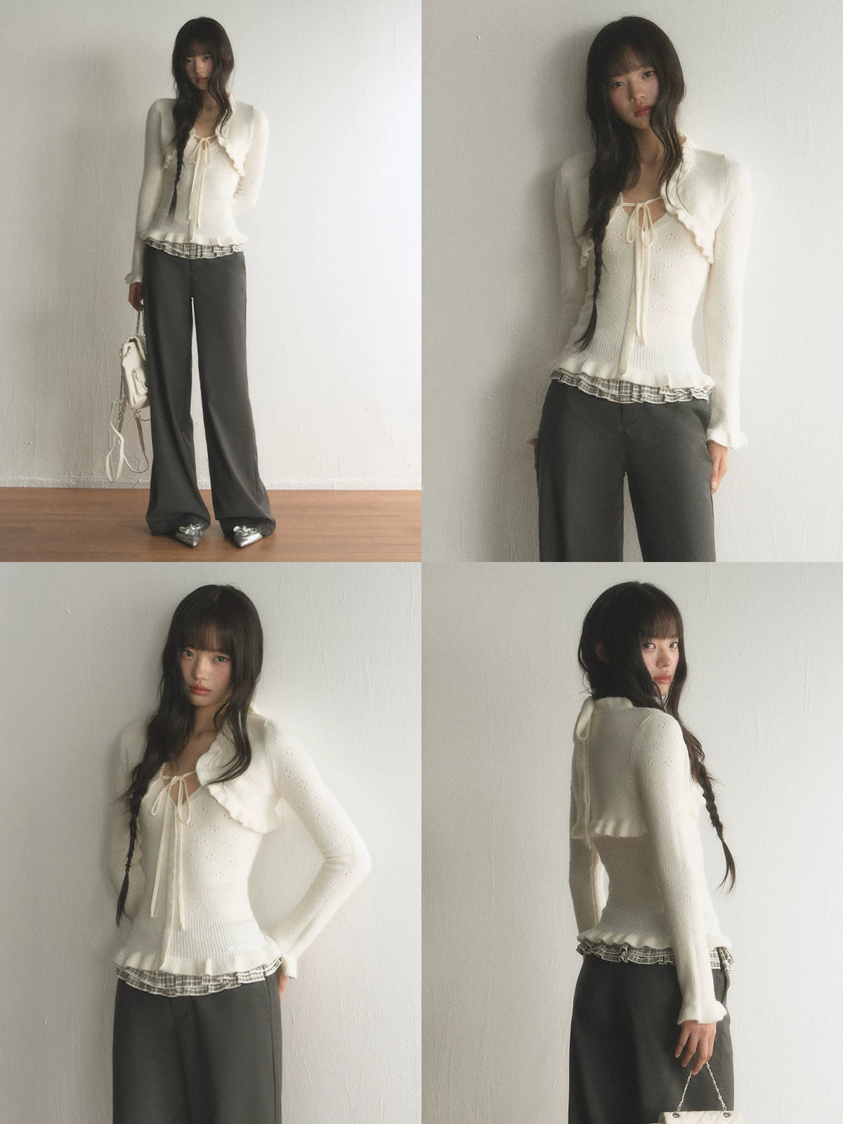 Ruffled Hollow-Out Knit Cardigan & V-Neck Cami Set