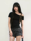 Leopard bow one-shoulder black top