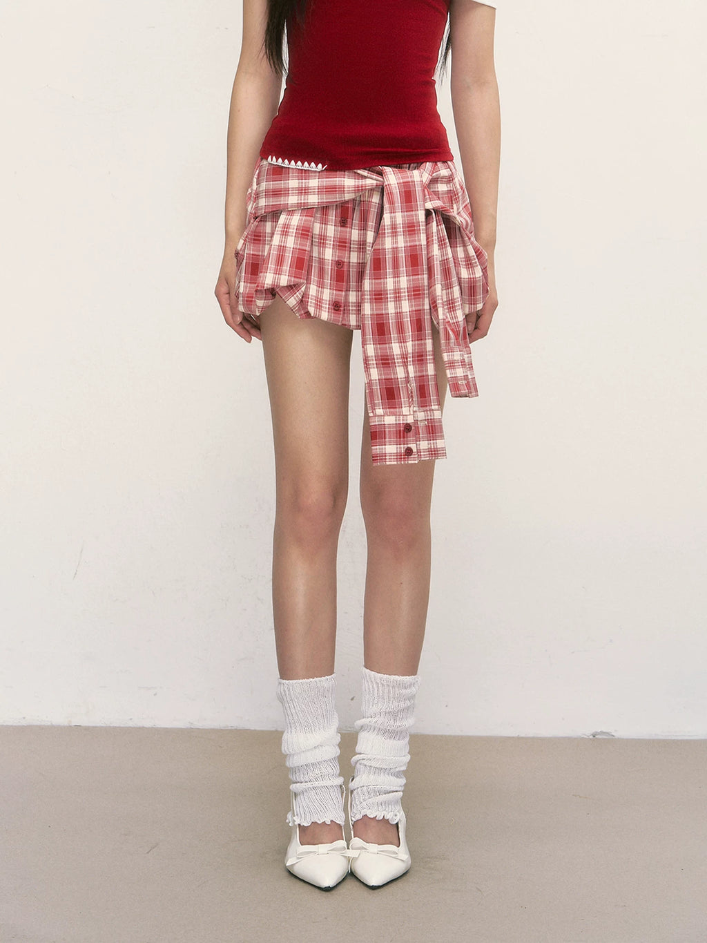 Irregular Plaid Tie-Up Mini Skirt