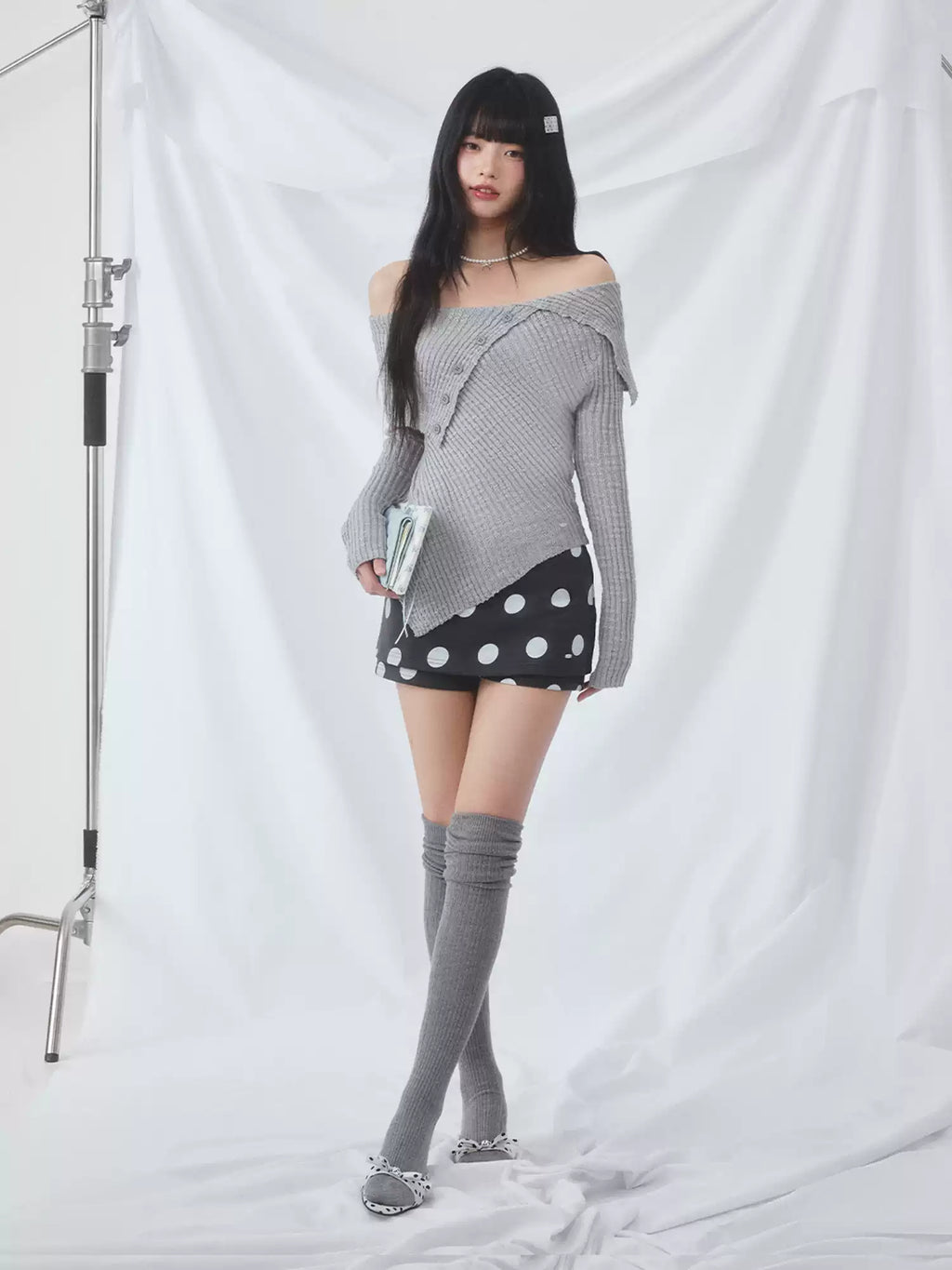 Contrast polka dot A-line skort skirt