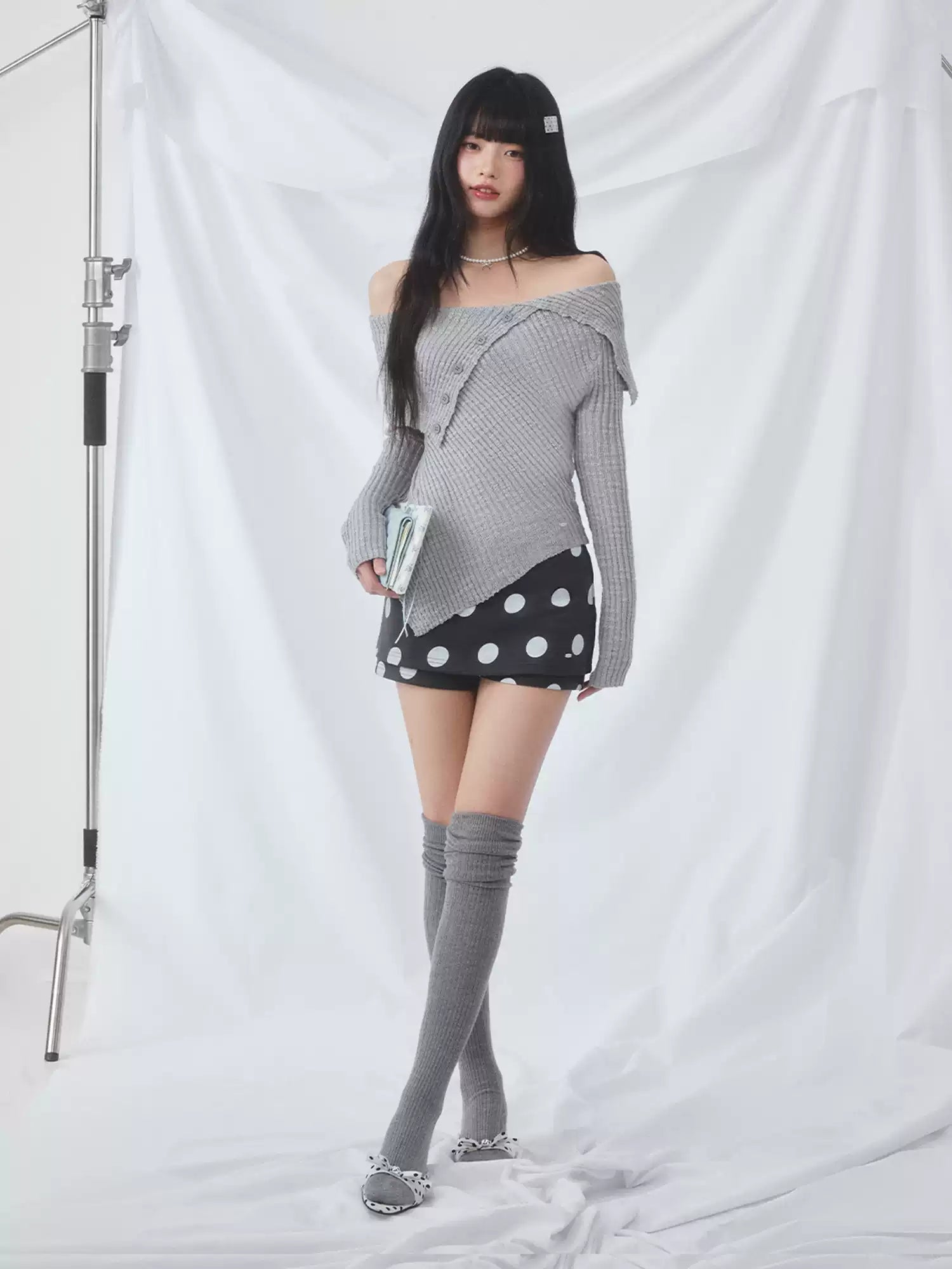 Contrast polka dot A-line skort skirt