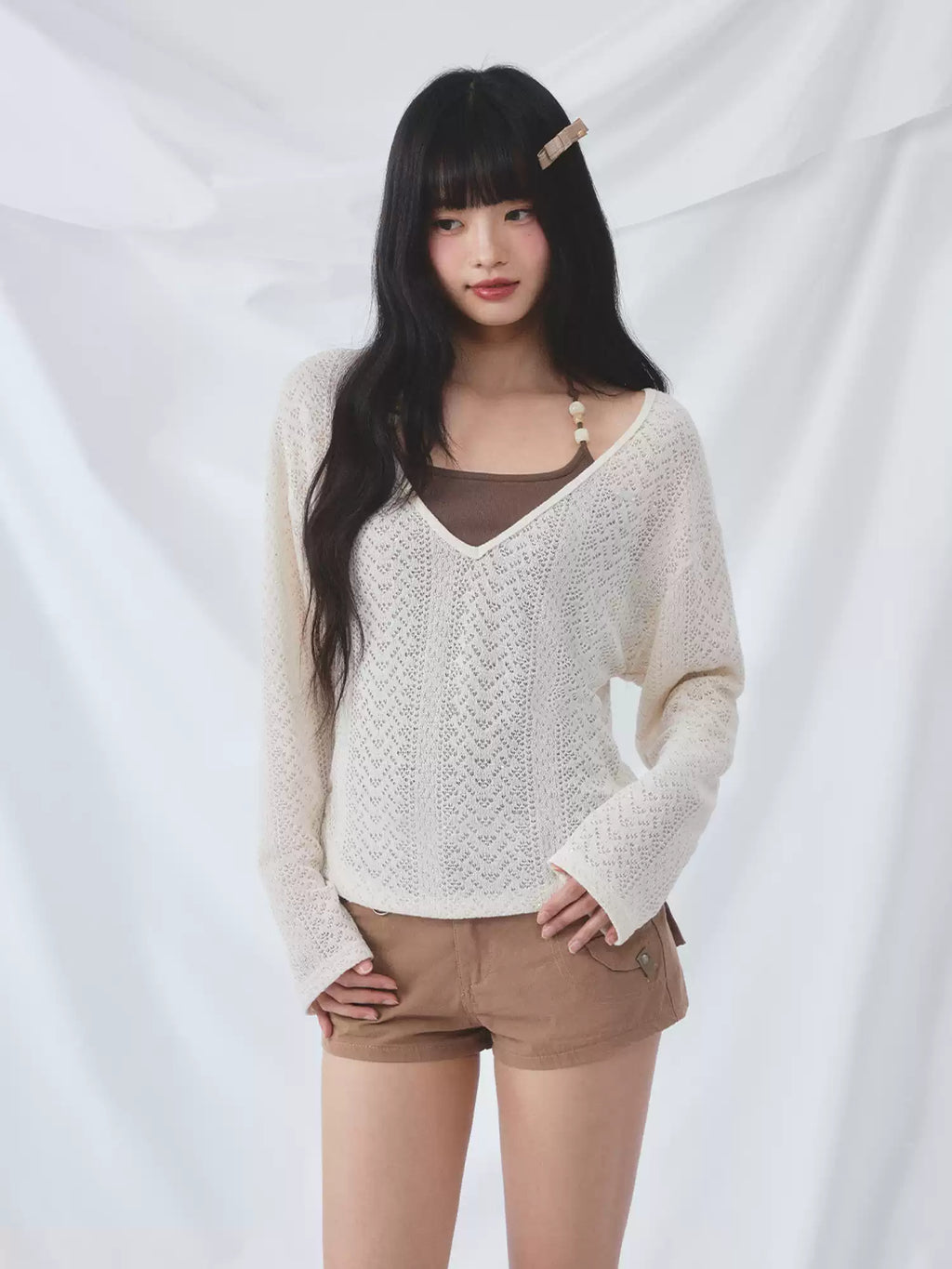 Beaded camisole and v-neck hollow knit set