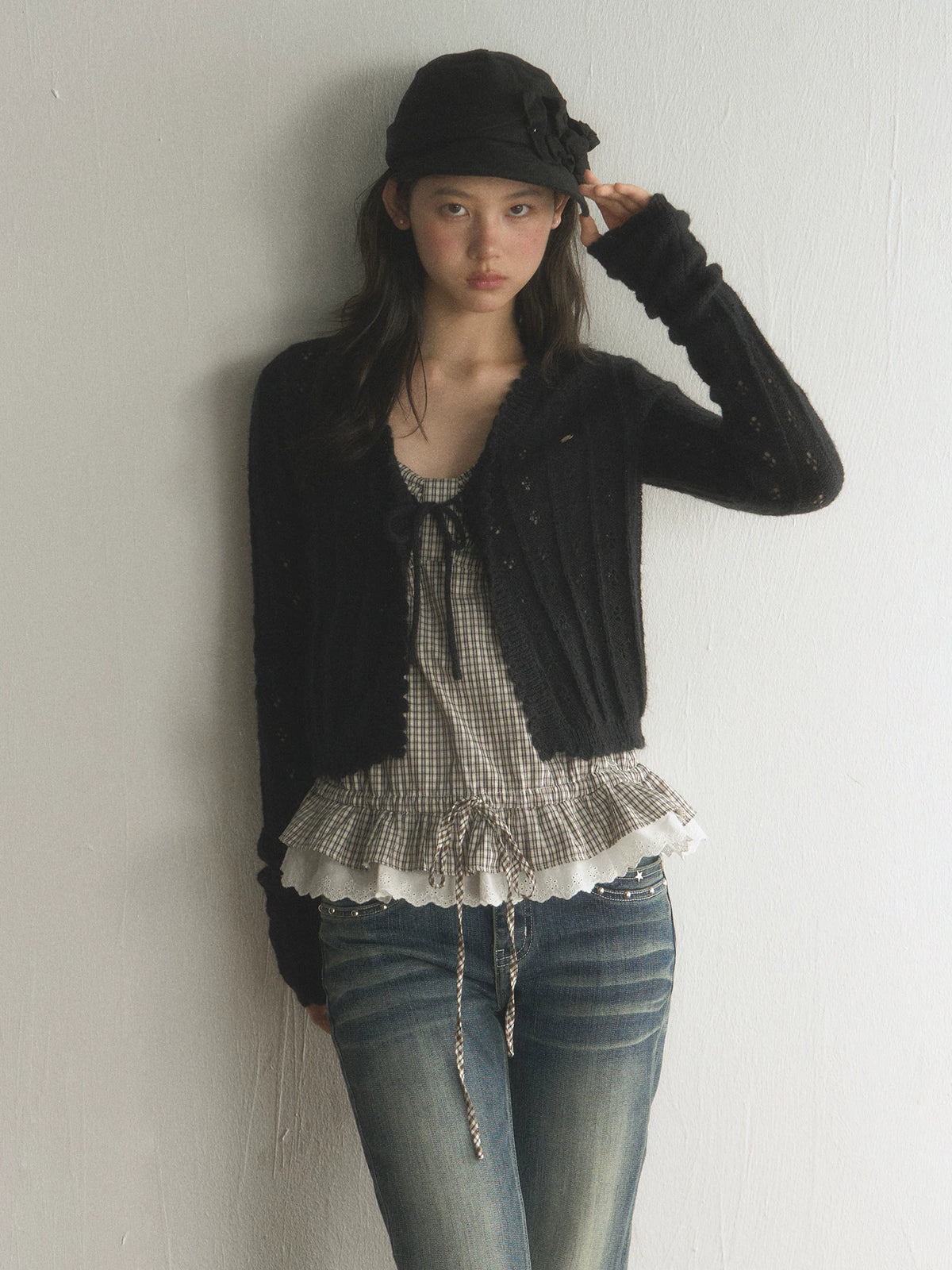 Hollow-Out Ruffled Tie Front Short Knit Cardigan