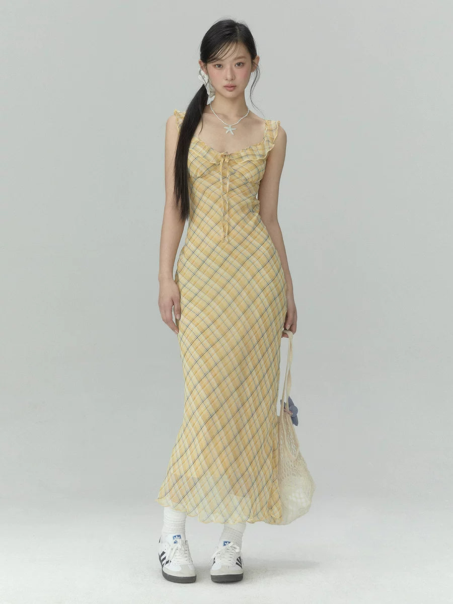 French Tulle Yellow Plaid Maxidress