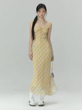 French Tulle Yellow Plaid Maxidress