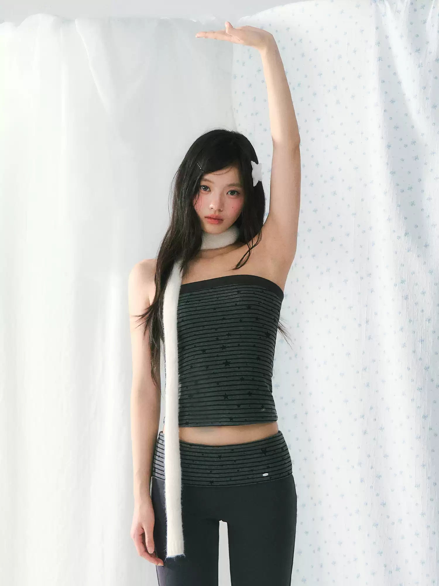 Star print striped tube top in dark gray