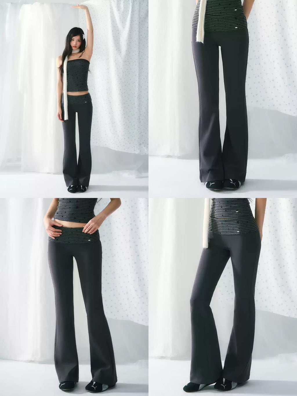 Retro striped waistband flared pants in dark gray