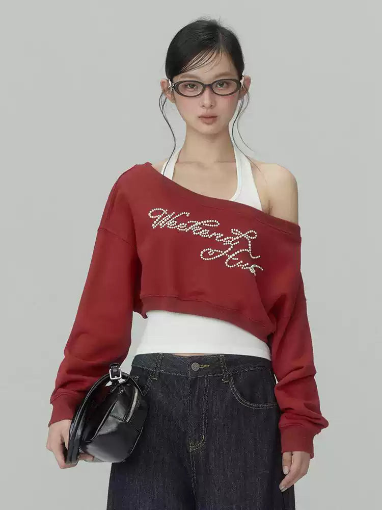 Red off-shoulder cropped faux two-piece sweatshirt