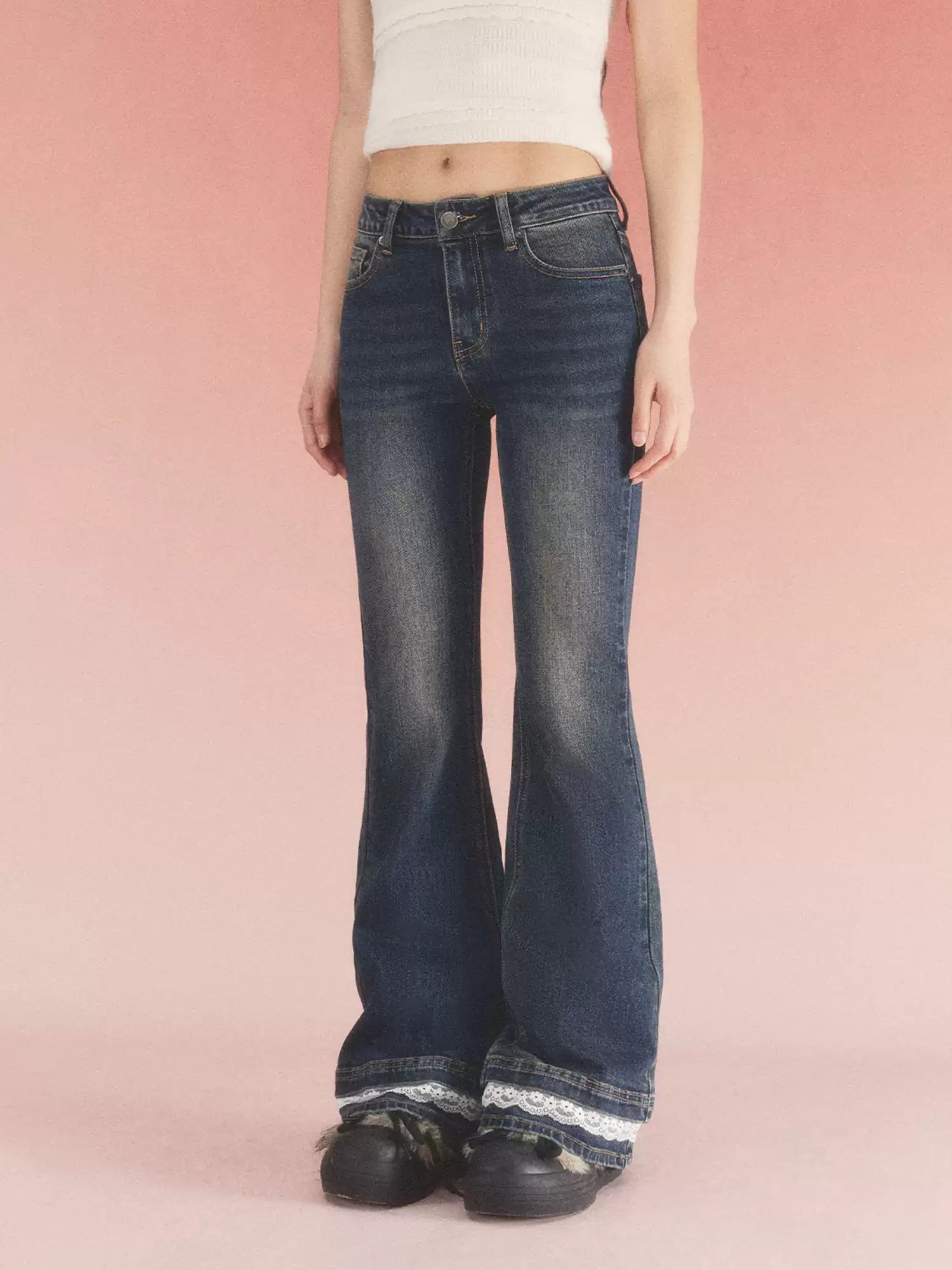Vintage lace trim flared jeans