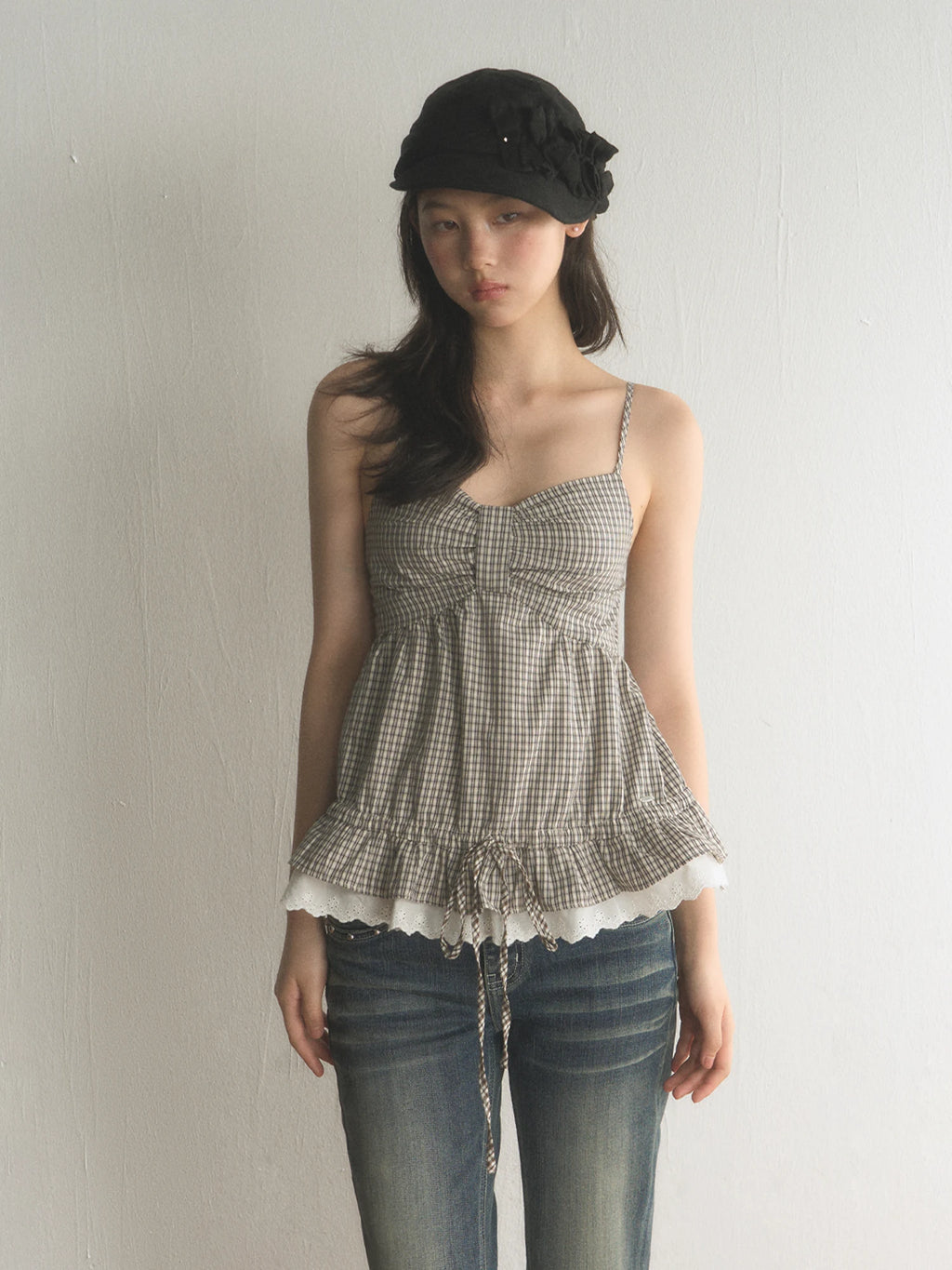 Plaid Ruffled Waist Check Cami Top
