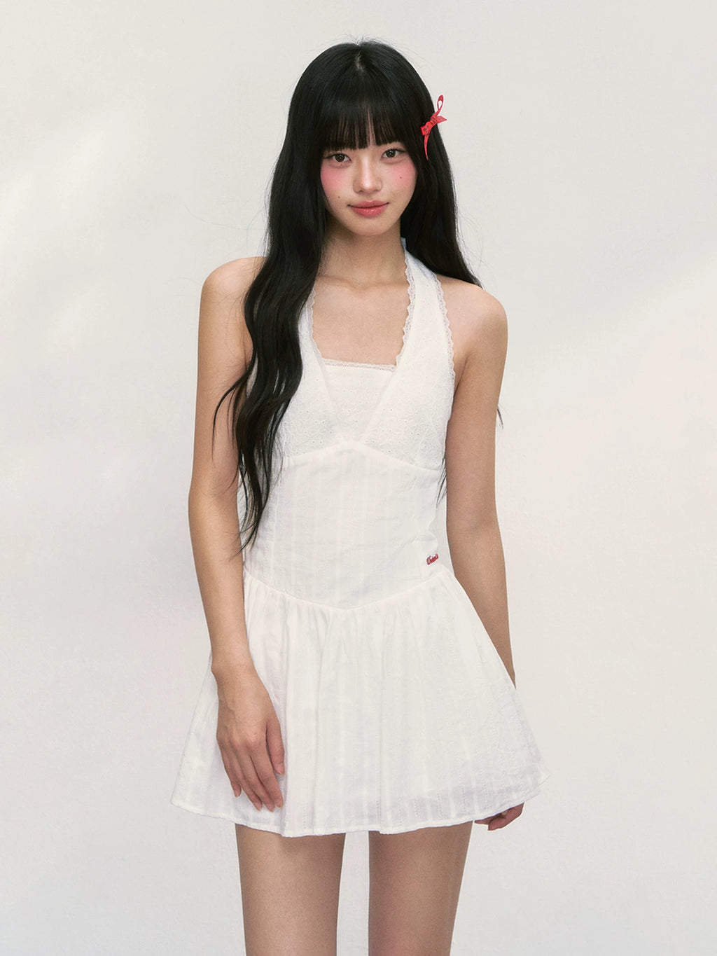 Embroidered White Halter Neck Dress