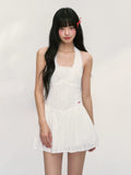 Embroidered White Halter Neck Dress