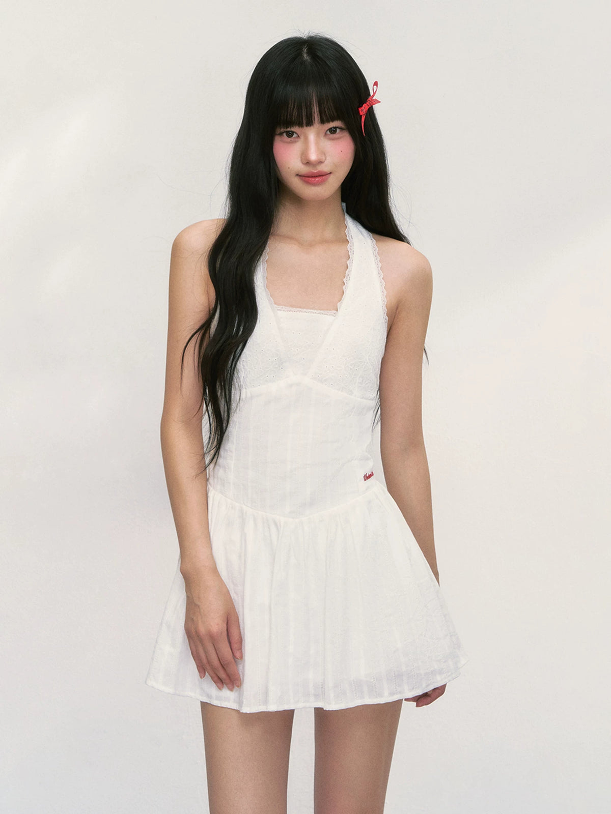 Embroidered White Halter Neck Dress