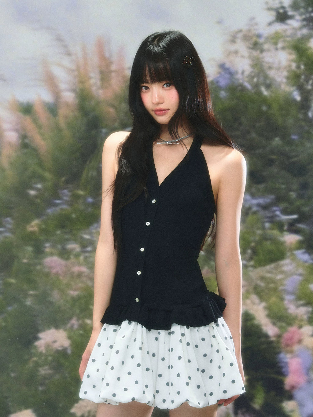 Slim-Fit Halter Neck Polka Dot Dress