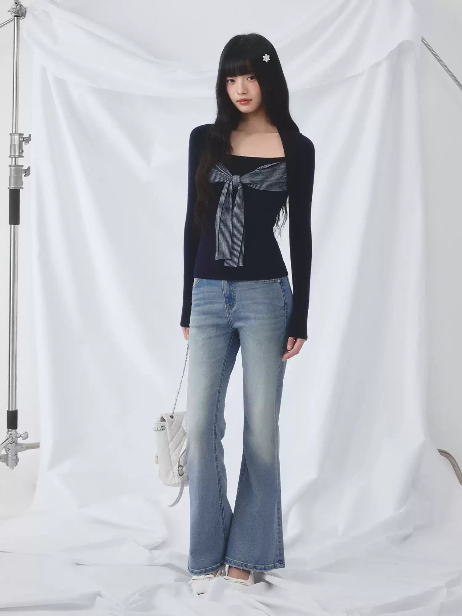 Striped tie-front layered knit elastic top in navy blue