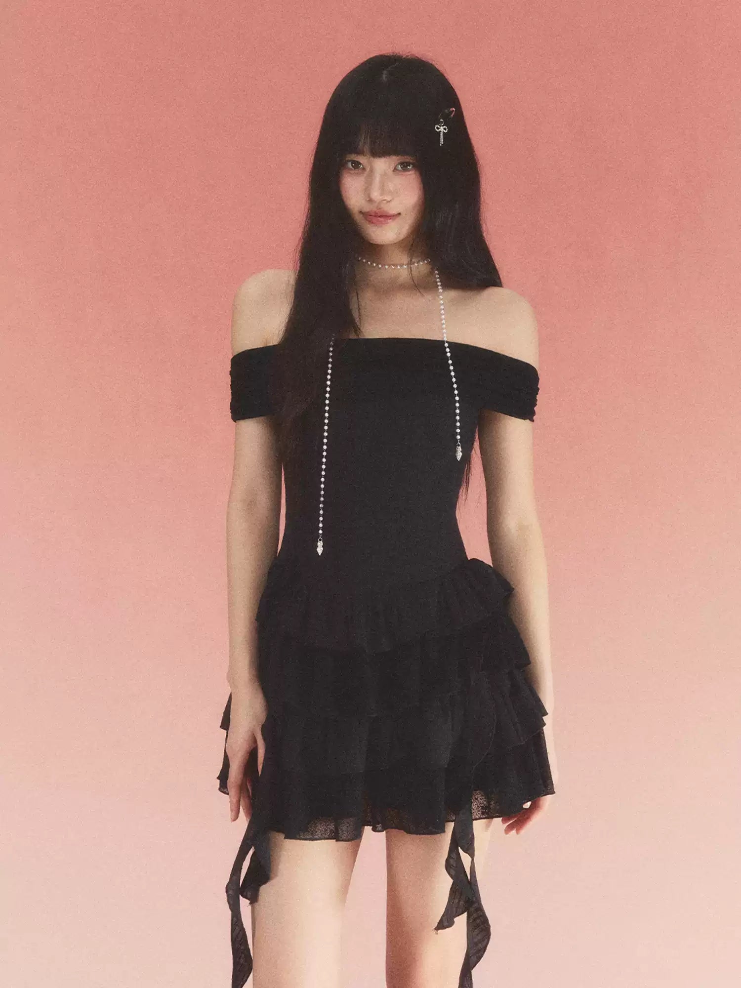 Lace jacquard off-shoulder tiered black dress