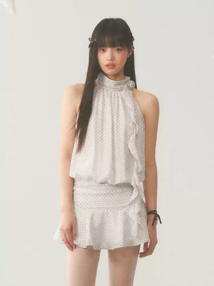 White halter neck polka dot mini dress