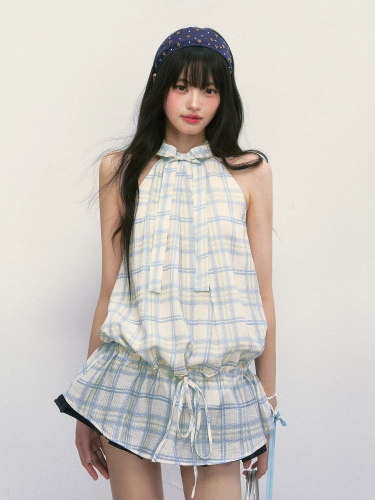 French Style Plaid Halter Mini Dress