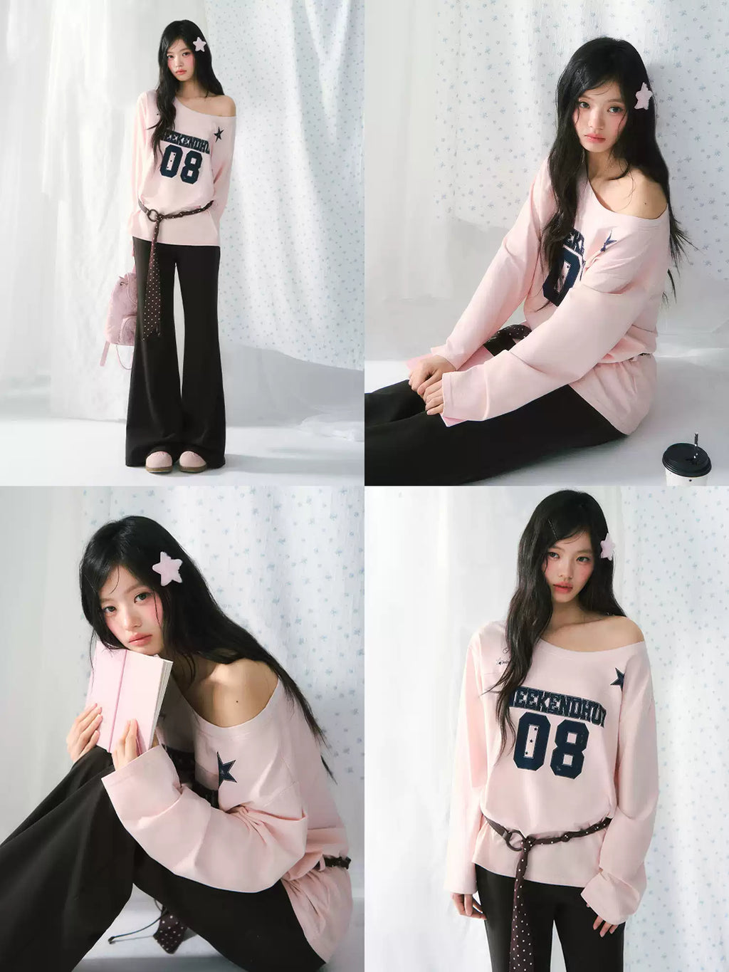 08 Pink one-shoulder long sleeve top
