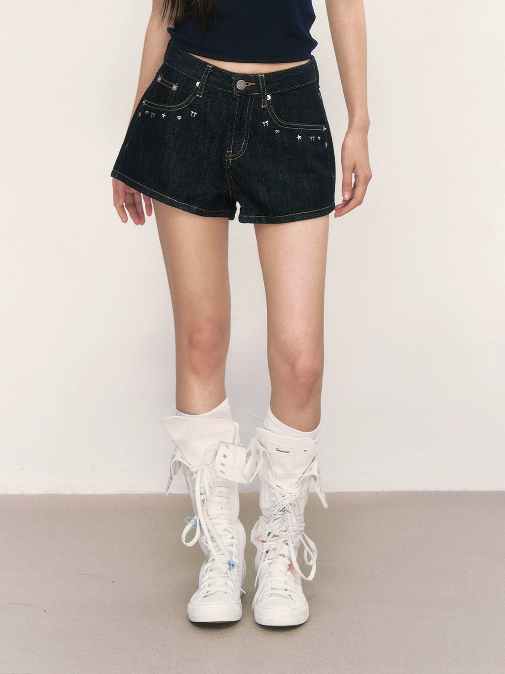 Dark Retro Studded Denim Workwear Shorts