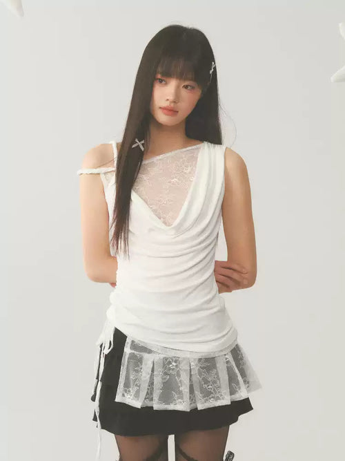 Asymmetric layered sleeveless lace top