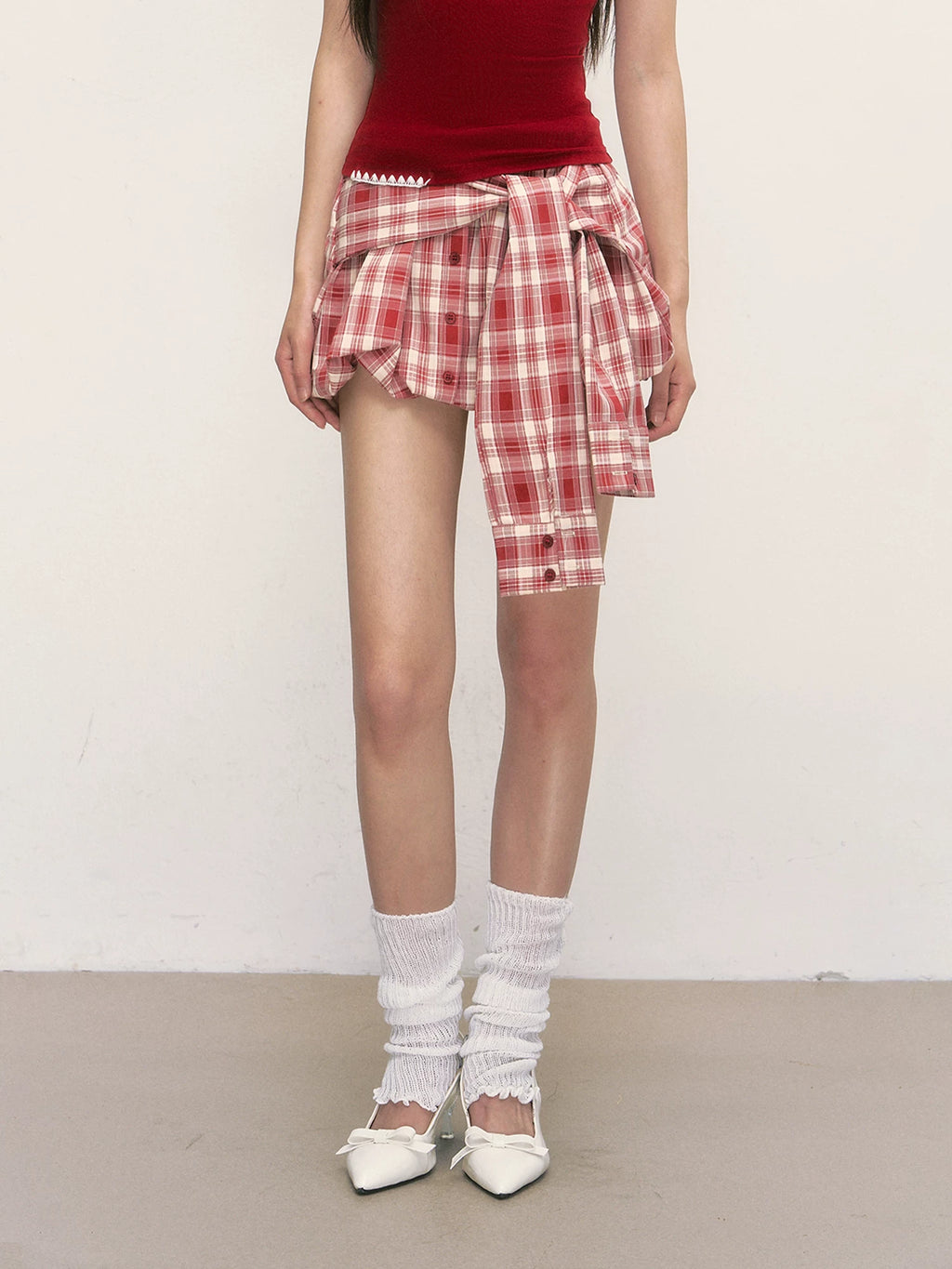 Irregular Plaid Tie-Up Mini Skirt