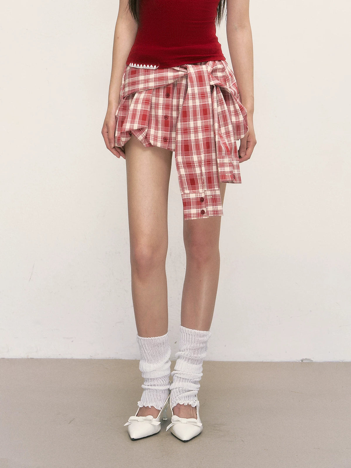 Irregular Plaid Tie-Up Mini Skirt