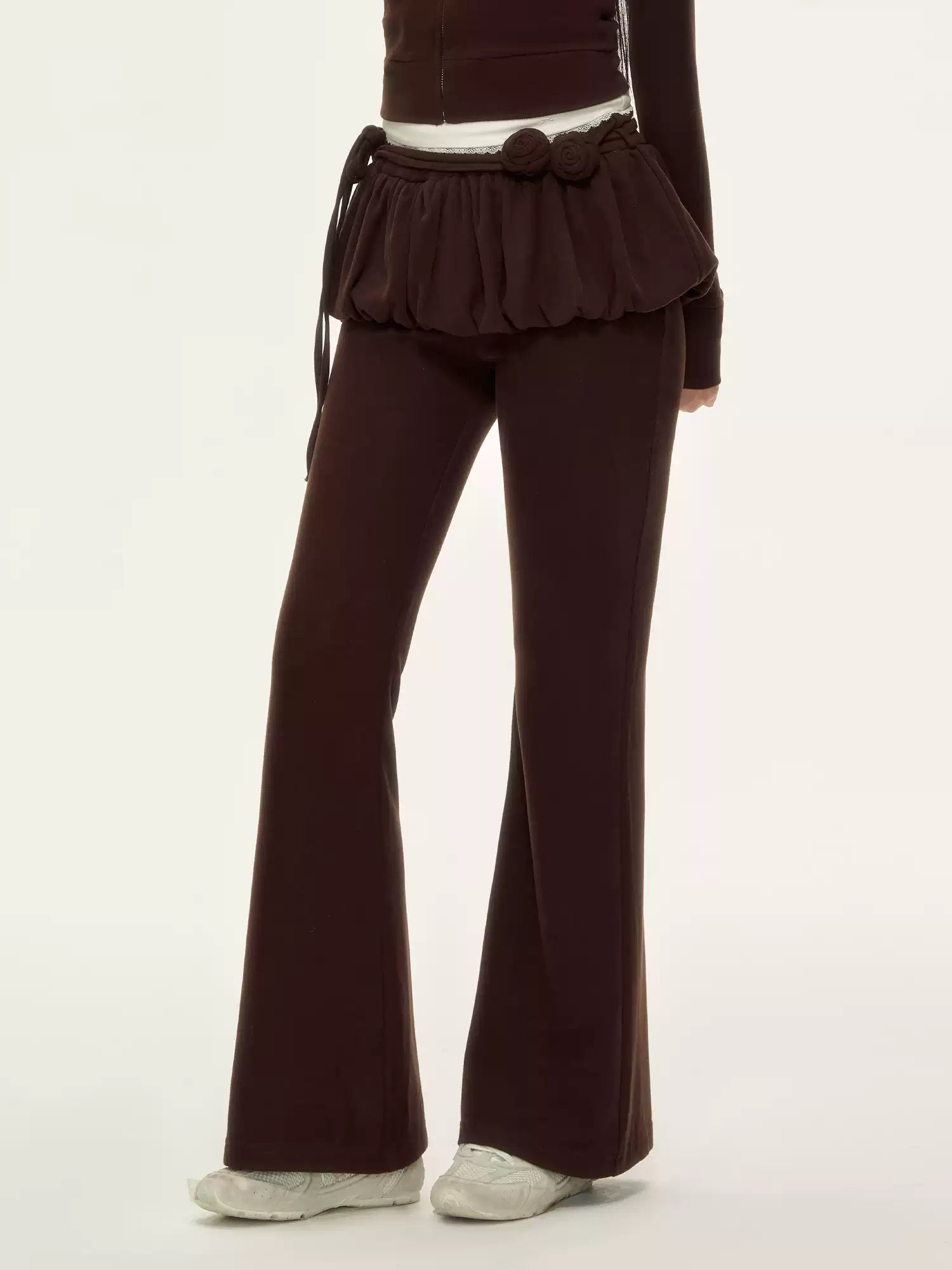 Coffee brown retro rose ribbon flared layered pants