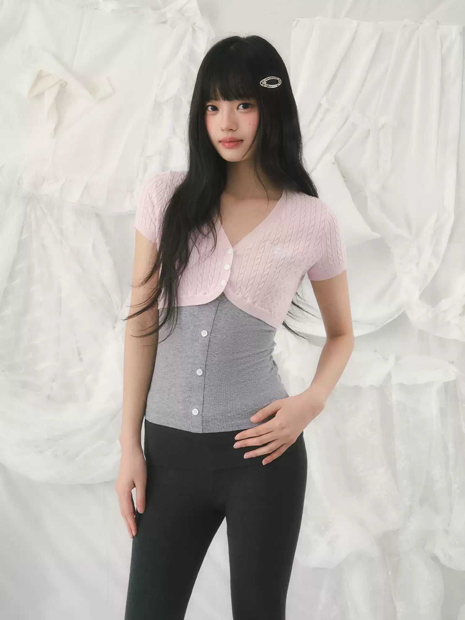 Contrast knit two-piece short sleeve set