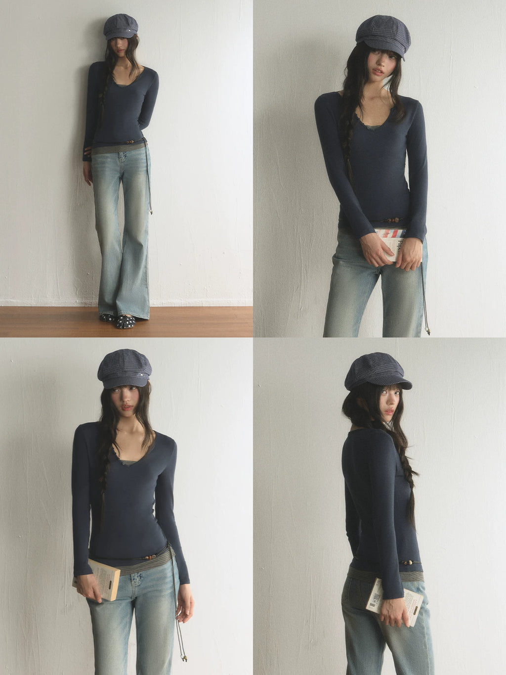 Korean Style V-Neck Long-Sleeve Two-Piece Tee