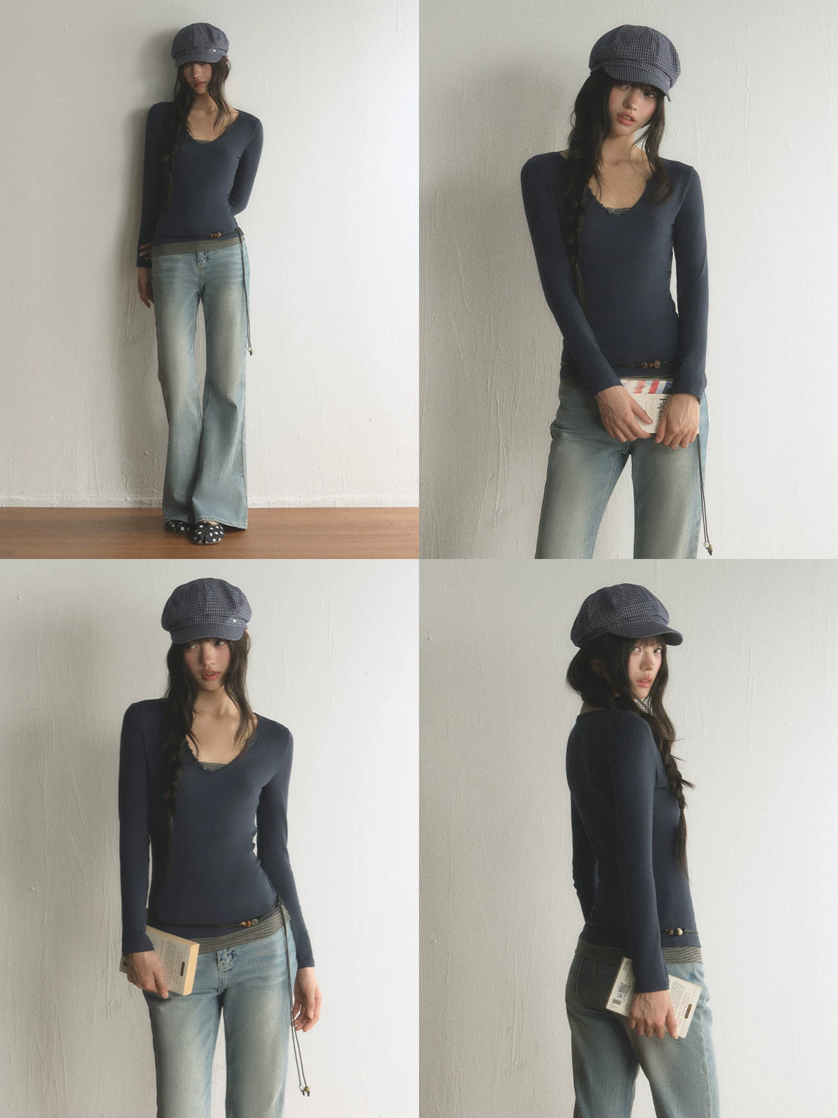 Korean Style V-Neck Long-Sleeve Two-Piece Tee