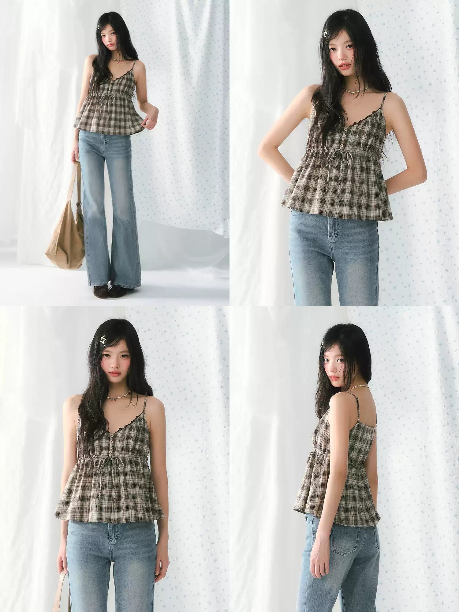 Lace trim plaid camisole checked top