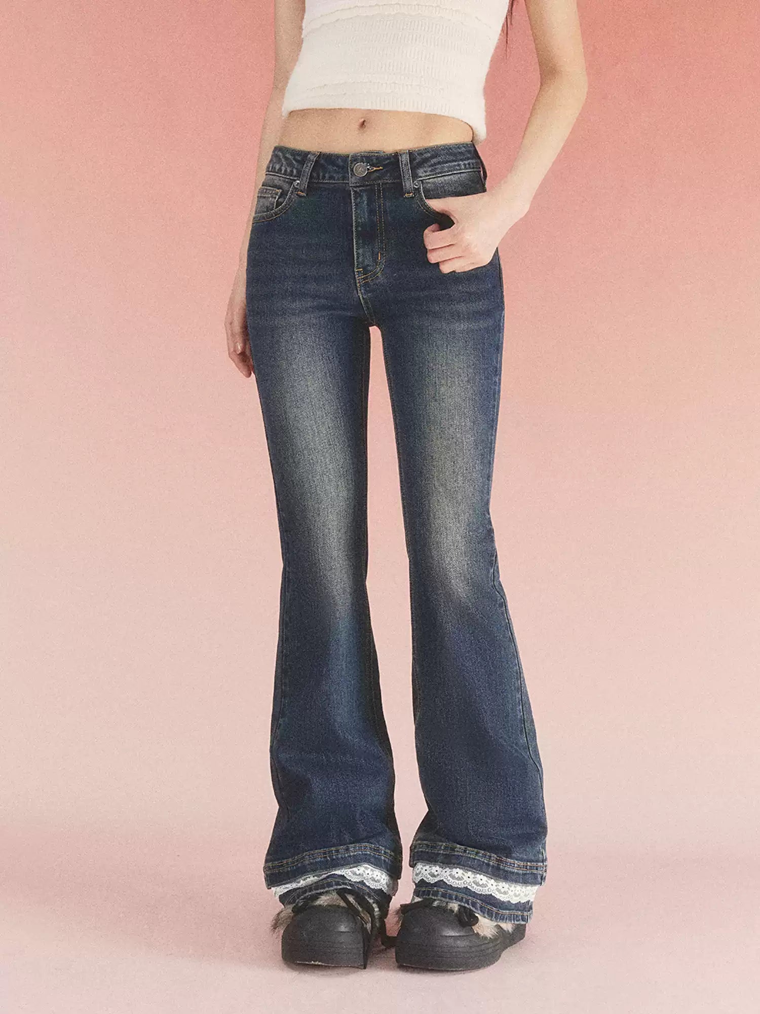 Vintage lace trim flared jeans