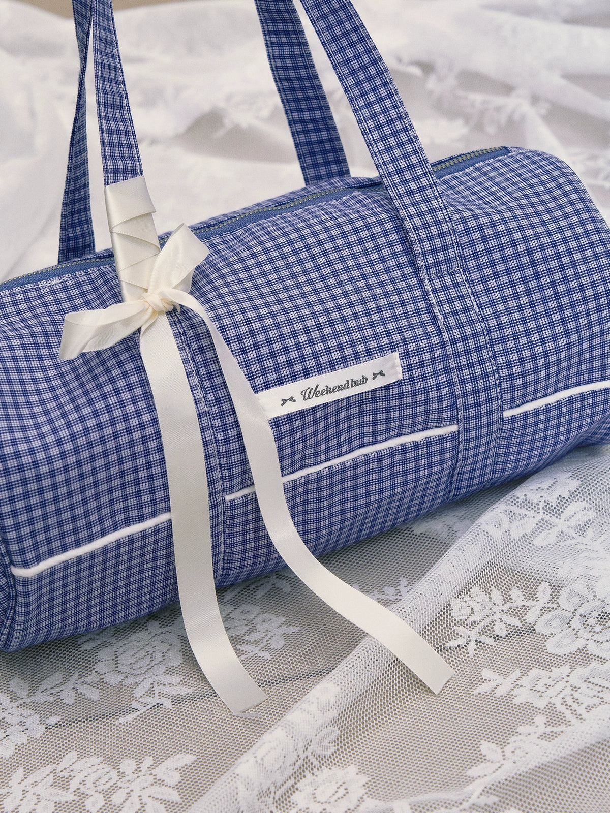 Blue Korean Style Ribbon Plaid Barrel Shoulder Bag