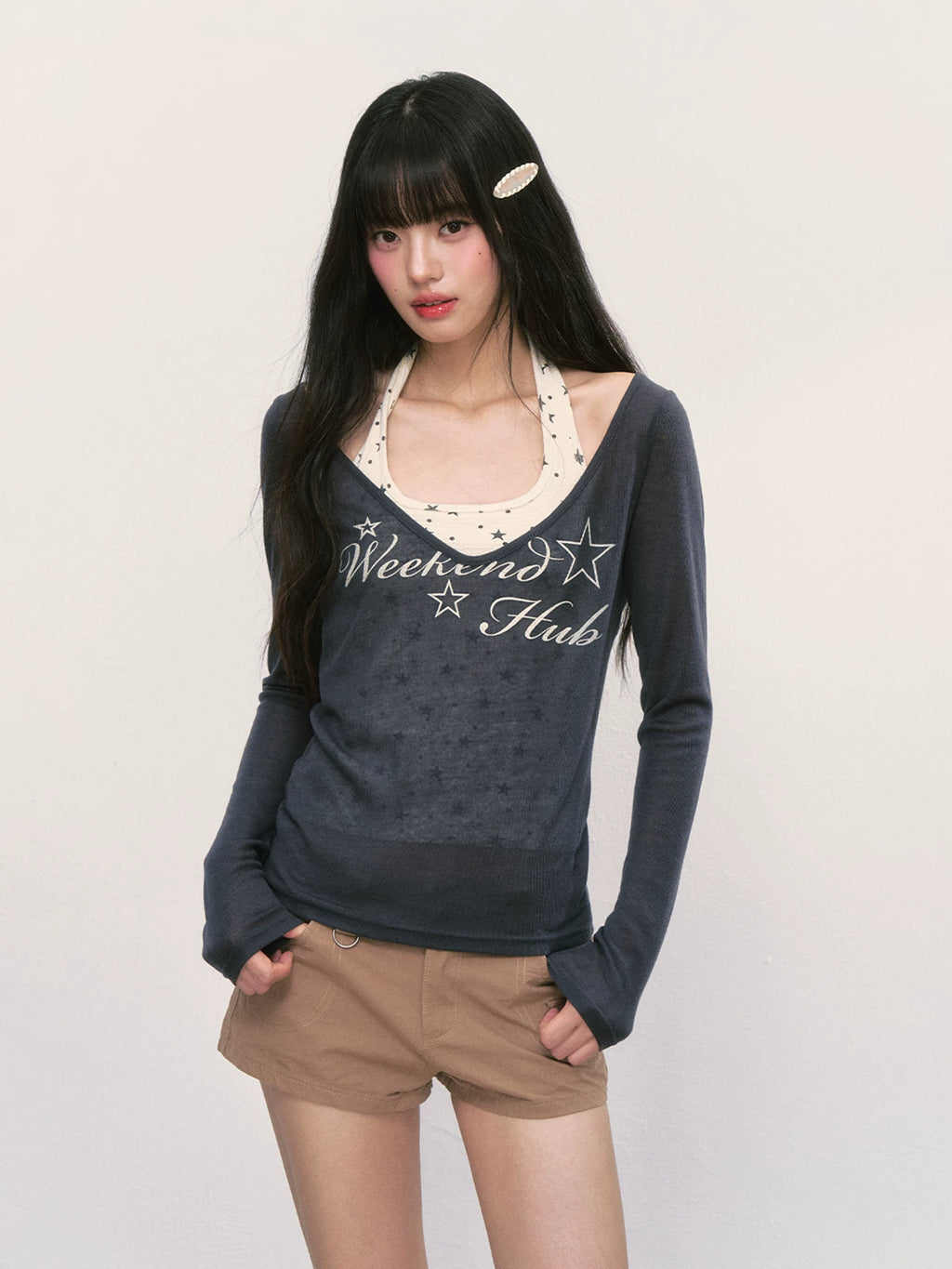 Sheer Long-Sleeve Blouse & Cami Set