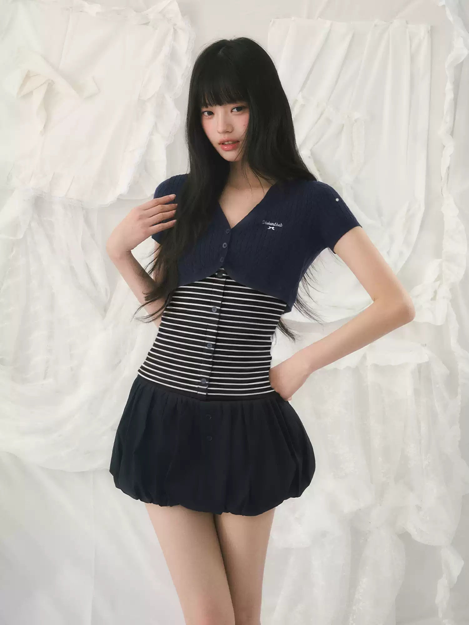 Contrast knit two-piece short sleeve set