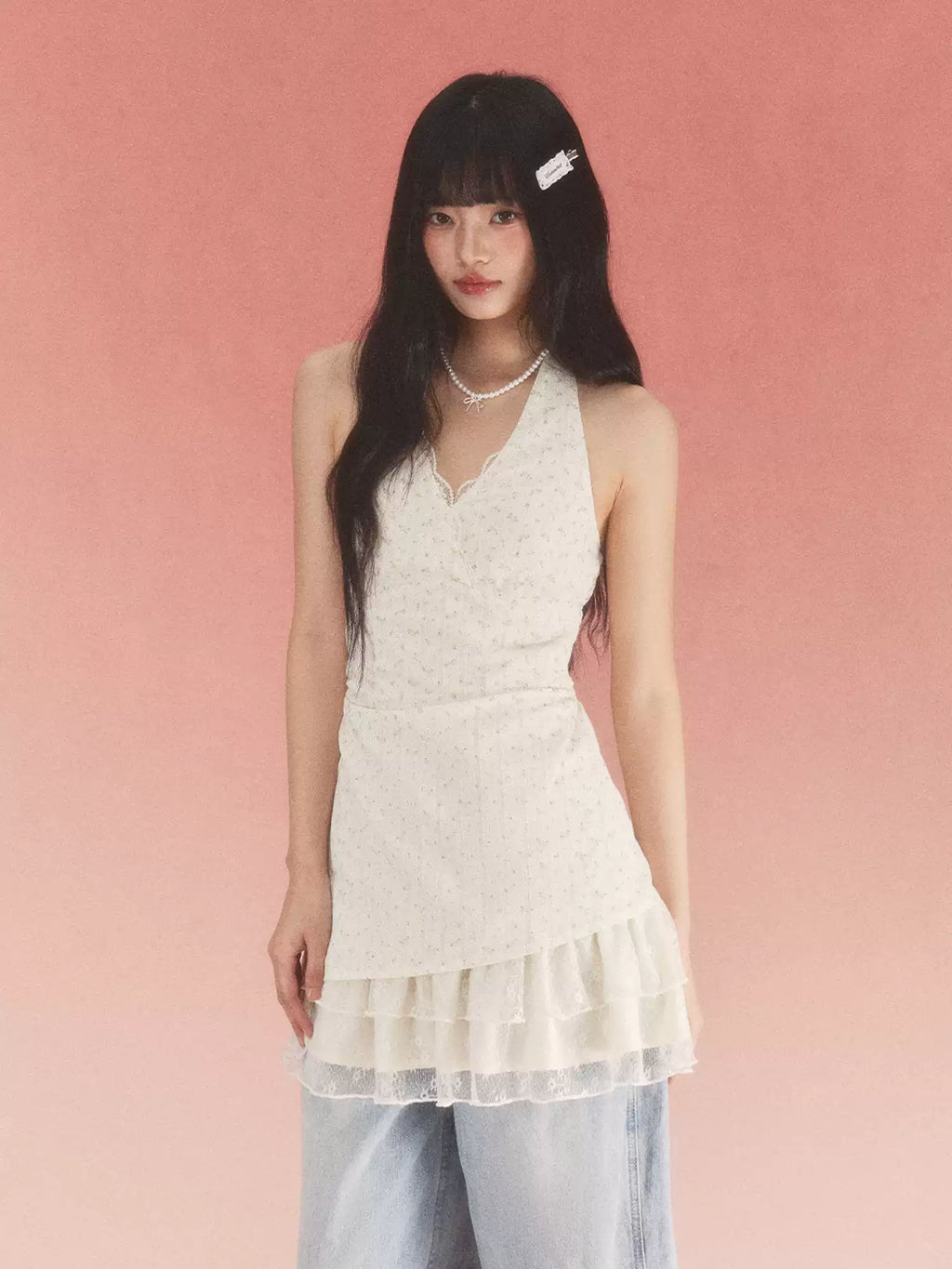 Floral halter neck lace trim dress